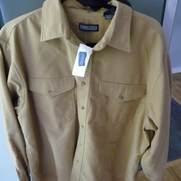LANDS END NEW MENS CAMEL OVERSIZED COTTON TWO FRONT POCKETS SHACKET SIZE LARGE - Picture 1 of 6